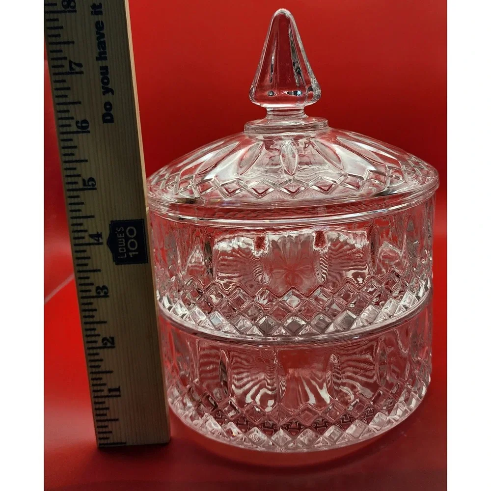 Vintage Clear Pressed Glass 2 Tier Stacked Candy Dish with Lid Diamond Pattern